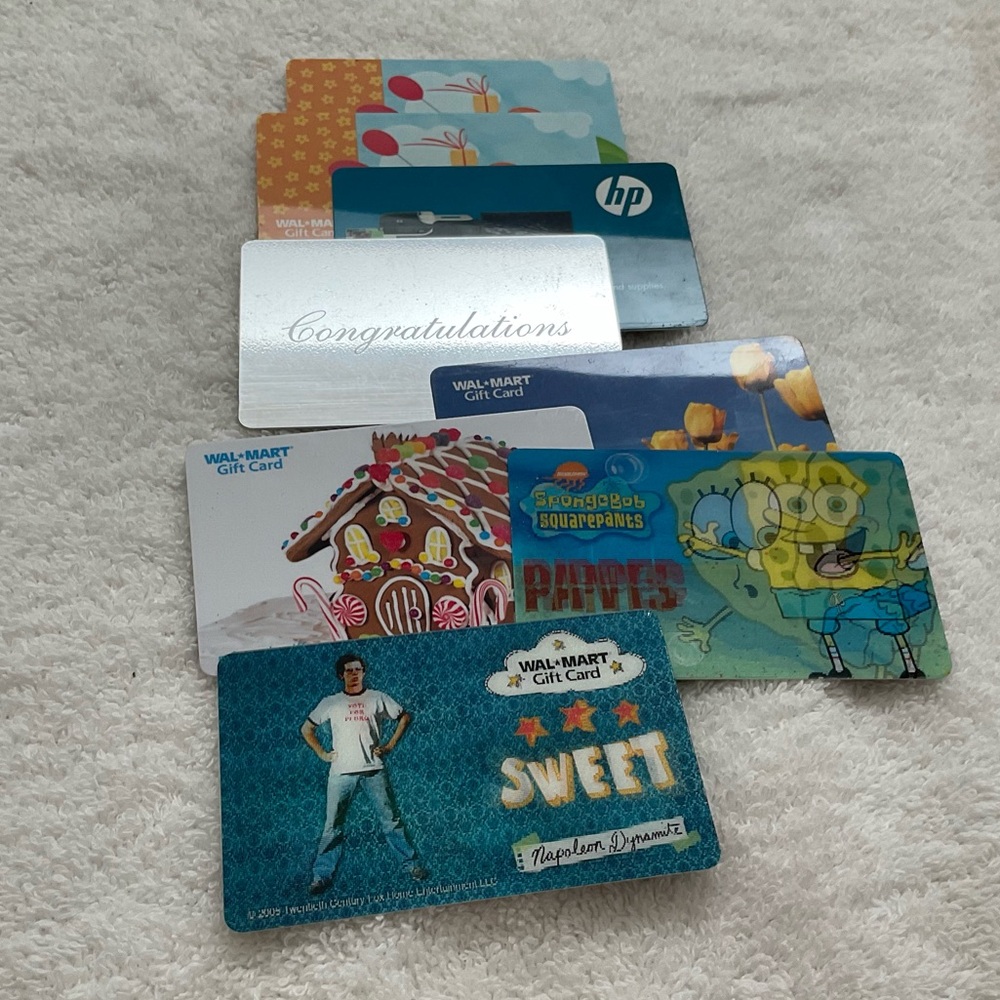 8 EMPTY Walmart Gift Cards SpongeBob Napoleon Dynamite Novelty HP Gingerbread